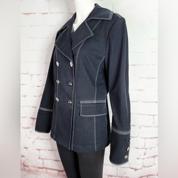 ST. JOHN Sport M Nautical Double Breasted Navy Cotton Blend Blazer Silver Button - Picture 14 of 14